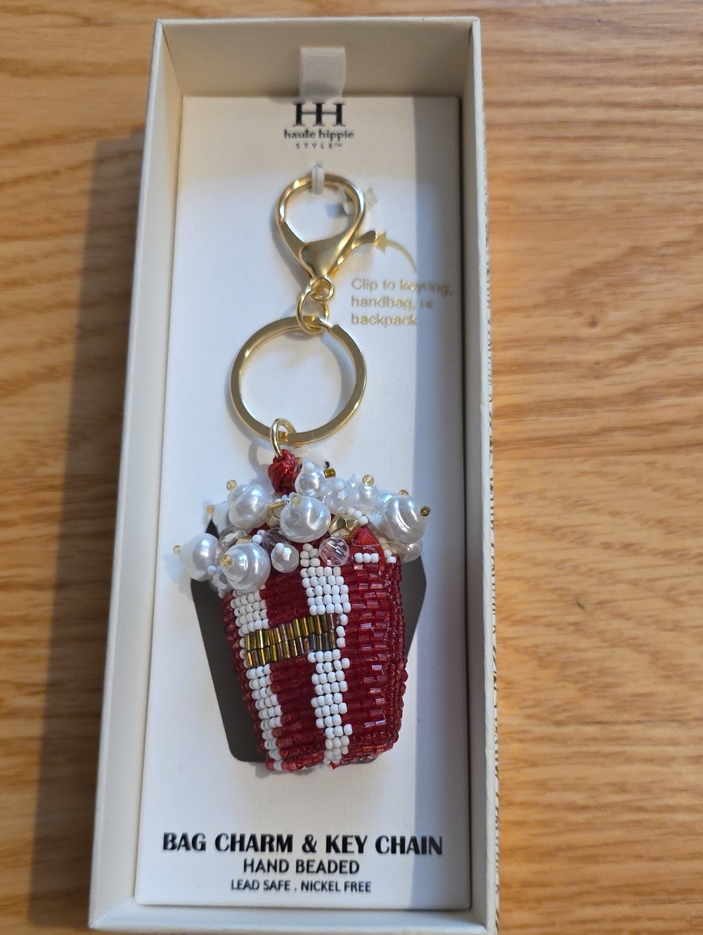 Haute Hippie Red and White Beaded Popcorn Bag Charm